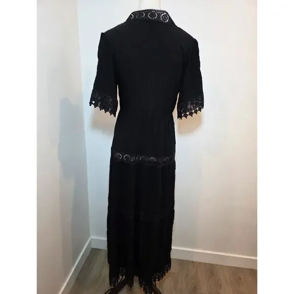 FOREVER 21 Black Floral Embroidered Long Duster SHORT SLEEVE LACE TRIM Size L - Picture 6 of 12